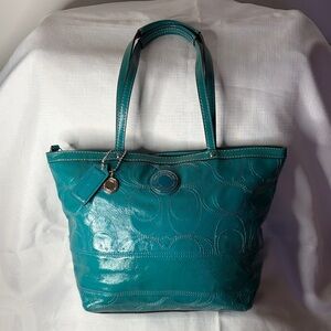 Coach Teal Patent Leather Small Tote Bag GUC